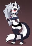 anthro bottomwear clothing embarrassed female looking_at_viewer pregnancy_test red_eyes shorts simple_background solo wolf_ears wolf_tail synaker helluva_boss loona_(helluva_boss) canid canine canis mammal wolf 2025 absurd_res colored hi_res