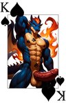 abs anthro balls big_penis blue_body blue_scales card dragon_tail erection fire genitals hair hand_behind_head horn looking_at_viewer male male_focus medial_ring membrane_(anatomy) membranous_wings multicolored_body muscular muscular_male orange_eyes penis playing_card poker red_hair scales simple_background smile solo solo_focus spade tattoo wings director_yeenashaven dragon absurd_res hi_res portrait three-quarter_portrait