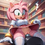 accessory anthro bodily_fluids bottomwear clothed clothing female genital_fluids gloves green_eyes hair handwear headband legwear library mobian no_underwear pink_hair pussy_juice sex_toy skirt solo surprised_expression sybian thigh_highs dr_crapola amy_rose eulipotyphlan hedgehog mammal hi_res