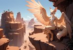 anthro breasts desert feathered_wings feathers female nature nipples nude outdoors pony_diffusion_(model) sitting sitting_on_rock solo tasteful_nudity wings cattorihanzo canid canine fox mammal hi_res