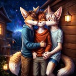 anthro blue_eyes bottomwear brown_hair brown_nose building clothed clothing cuddling enjoying eye_contact eyes_closed fully_clothed fur group hair hand_in_pocket hoodie inner_ear_fluff lamp lantern looking_at_another looking_at_partner looking_pleasured male male/male mountains night night_sky pants pink_nose plant pockets romantic shirt shorts sky smile standing star t-shirt tan_body tan_fur topwear touching_partner tree trio tuft white_body white_fur white_hair window wood young argon-42 canid canine fennec fox mammal hi_res portrait three-quarter_portrait