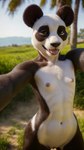 anthro barely_visible_genitalia barely_visible_pussy detailed detailed_background detailed_fur detailed_lighting female flat_chested genitals giant_panda hi_res mammal nipples pinacolada_rv1_(model) pinup pose pussy realistic realistic_fur selfie slim solo sunny tagme ursid yuki_laneige