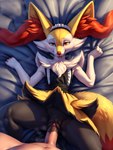 absurd_res animal_genitalia animal_pussy anthro anthro_penetrated bodily_fluids braixen canine_genitalia canine_pussy clitoris clothing duo female first_person_view from_front_position generation_6_pokemon genital_fluids genitals grabbing_sheets hi_res human human_on_anthro human_penetrating interspecies looking_at_viewer looking_pleasured lying maid_uniform male male/female male_pov mammal missionary_position on_back penetration pokemon_(species) punkskunk pussy pussy_juice sex uniform vaginal vaginal_penetration