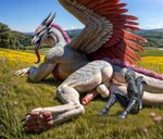 anthro anus armor balls duo feathers feral fur genitals horn knight long_tongue male male/male outside pawpads paws penis pink_pawpads size_difference tongue tongue_out touching_partner warrior wings wolfs-chaser dragon feathered_dragon furred_dragon reptile scalie hi_res