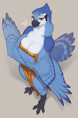 anthro bags_under_eyes blue_body blue_feathers breasts breath cleavage clothed clothing crossed_arms dress feathers female gold_dress large_breasts looking_at_viewer mature_female neck_tuft simple_background solo talons tuft white_body white_feathers wide_hips wings magicraven avian bird blue_jay corvid jay_(bird) new_world_jay oscine passerine absurd_res hi_res