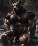 anthro balls blue_eyes body_hair detailed_background foreskin fur genitals hi_res hot_spring humanoid_genitalia humanoid_penis male mammal muscular muscular_anthro muscular_male penis realistic_fur saggy_balls simplyai sitting_on_rock solo ursid vein veiny_arm veiny_penis water wet wet_body wet_fur