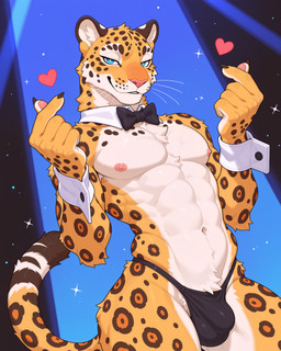 5_fingers <3 abs anthro areola athletic athletic_anthro athletic_male bedroom_eyes biped black_bow black_claws black_clothing black_spots black_underwear blue_background blue_eyes bow_(feature) bow_tie brown_body brown_fur brown_spots bulge chest_tuft claws clothed clothing countershade_torso countershading detailed_bulge feet finger_claws finger_heart fingers fur gesture heart_symbol inner_ear_fluff looking_at_viewer male male_anthro markings mostly_nude multicolored_body multicolored_fur multicolored_tail muscular muscular_anthro muscular_male narrowed_eyes navel nipples orange_body orange_fur pawpads paws pecs pink_nipples pink_nose pink_pawpads pupils seductive shirt_cuffs simple_background smile solo sparkles spotlight spots spotted_body spotted_fur spotted_markings spotted_tail standing tail tail_markings thong toes topless topless_anthro topless_male tuft underwear underwear_only whiskers white_body white_countershading white_fur white_pupils yellow_body yellow_fur burioth felid jaguar leopard mammal pantherine absurd_res digital_media_(artwork) hi_res portrait three-quarter_portrait