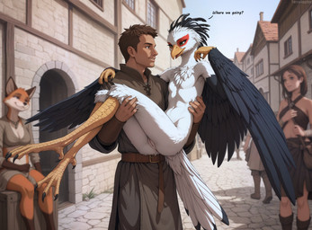 anthro being_watched belt blurred_background bridal_carry brown_eyes carrying casual_exposure chest_tuft clothing duo_focus eye_contact eyelashes feathered_crest feathers featureless_chest female genitals green_eyes group hand_on_back hand_on_shoulder head_crest head_tilt human_on_anthro interspecies long_legs looking_at_another male male/female medieval nude pussy scuted_legs scutes sitting slim_female smile standing street tail_feathers text town tuft tunic white_body white_feathers winged_arms wings terraraptor accipitriform avian bird canid canine fox human mammal secretary_bird english_text