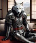 anthro armor asian_clothing canid canine canis clothing east_asian_clothing fur garden hi_res japanese_clothing japanese_house male mammal pillow samurai solo warrior white_body white_fur wolf