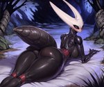 anthro arthropod arthropod_abdomen big_breasts big_butt black_body black_exoskeleton black_eyes blush breasts butt exoskeleton female frown genitals hi_res hornet_(hollow_knight) legs_together looking_at_viewer looking_back looking_back_at_viewer lying non-mammal_breasts on_front pussy scowl side_boob solo thick_thighs white_mask wide_hips