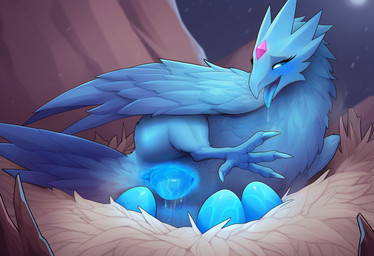 4_toes animal_genitalia anisodactyl beak blue_body blue_eyes blue_sclera blue_tongue blush bodily_fluids cloaca cloaca_juice egg feathers feet female feral forehead_gem genital_fluids genitals half-closed_eyes ice looking_down looking_pleasured lying moon mountains narrowed_eyes nest night on_side open_mouth oviposition saliva snow solo spread_legs spreading tail tail_feathers talons thick_thighs toes tongue wings anonymous_director league_of_legends riot_games tencent anivia_(lol) avian bird elemental_creature