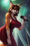 anthro attempted_signature big_breasts breasts canid canine clothing detailed_background dress female fox fur hair hi_res inner_ear_fluff looking_at_viewer mammal microphone official_floof_inspector orange_body orange_fur red_clothing red_dress seductive solo tuft