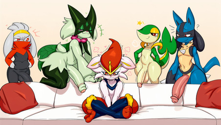 anthro balls bed big_balls big_penis black_body black_fur blue_body blue_fur blush bodily_fluids clothing erection foreskin fur furniture genitals girly green_body group huge_penis humanoid_genitalia humanoid_penis male male/male nude penis pillow question_mark red_eyes smile hellsonger nintendo pokemon cinderace gardevoir generation_3_pokemon generation_4_pokemon generation_5_pokemon generation_8_pokemon generation_9_pokemon lagomorph lucario mammal meowscarada pokemon_(species) raboot snivy 2025 hi_res