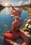 <3 anthro bare_shoulders black_nose body_fur clothing cloud day eyes_closed feet_in_water female flower forest fox_ears fox_tail fur heart_symbol inner_ear_fluff lake lily_pad looking_back mouth_closed nose orange_body orange_fur outside plant pond rear_view red_clothing reflection river shrub sitting sitting_on_rock sky smile snout solo sun sunset tree tuft water the_legend canid canine fox mammal hi_res