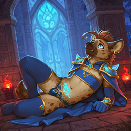 anthro bottomwear bulge clothed clothing crossdressing defeated fire footwear fur legwear lying magic_user male multicolored_body multicolored_fur on_ground on_side panties paws pose scared socks solo tail thigh_highs underwear womb_tattoo plapenjoyer hyaenid mammal spotted_hyena