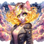 anthro clothed clothing colorful dall-e_3 director_sunshine domestic_cat felid feline felis female fully_clothed fur hair light looking_away mammal open_clothing open_topwear smile solo sunlight topwear