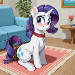blue_eyes blush bodily_fluids book carpet collar collar_tag crouching eyeshadow feces female feral framed_picture fur furniture horn inside living_room looking_aside makeup plant pooping smile sofa solo sweat table tulip_(flower) wavy_mouth white_body white_fur tyto4tme4l friendship_is_magic my_little_pony rarity_(mlp) equid equine horse mammal pony unicorn 1:1 hi_res