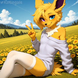 5_fingers anthro blonde_hair blue_eyes blush breasts cheek_tuft chest_tuft claws clothed clothing cloud facial_tuft female fingers flower_field fur gesture grass hair heterochromia leaning leaning_back legwear long_ears looking_at_viewer mountains nature nature_background off_shoulder outside plant purple_body purple_eyes purple_fur short_hair short_tail side_view sitting sky small_breasts smile solo sweater thigh_highs topwear tree tuft v_sign white_body white_fur yellow_body yellow_fur kaltingale_(director) nintendo pokemon jamie_(asp791) eeveelution generation_1_pokemon jolteon pokemon_(species) hi_res trans_(lore)