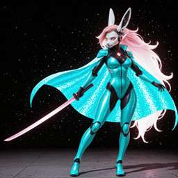 abstract_background action_pose anthro black_body blue_clothing breasts cape cleavage clothed clothing cybernetic_arm cybernetic_leg cybernetic_limb cybernetics cyberpunk female futuristic glowing glowing_eyes glowing_hair hair holding_object holding_weapon katana leotard machine melee_weapon pink_eyes pink_hair pose realistic science_fiction serious_face shoulder_armor solo sword very_long_hair weapon white_face tacitus_kilgore cyborg lagomorph leporid mammal rabbit hi_res