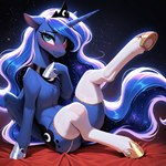 blush clothing female feral horn legs_up legwear looking_at_viewer pose sitting solo stockings wings foxlover7796 my_little_pony princess_luna_(mlp) equid equine horse mammal pony winged_unicorn