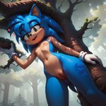 <3 anthro black_nose blue_body blue_fur blush clothing eyelashes female flat_chested forest fur genitals gloves green_eyes handwear leaning_on_tree looking_at_viewer looking_down moss nipples open_mouth plant pussy rule63 shadow solo sonic_the_hedgehog_(series) tree volumetric_lighting white_clothing white_gloves white_handwear fenix_ai sonic_the_hedgehog eulipotyphlan hedgehog mammal