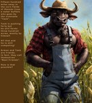 anthro bare_chest clothing farmer field hat headgear headwear male overalls solo wheat_field wetfur_(director) tank_(wetfur) bovid bovine mammal true_buffalo water_buffalo hi_res