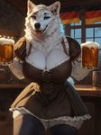 alcohol anthro bar bedroom_eyes beer beverage big_breasts black_nose blue_eyes breasts cheek_tuft chest_tuft clothed clothing container cup curvy_figure dirndl dress ears_up facial_tuft female flag fluffy fur germany glass glass_container glass_cup holding_beer holding_object inner_ear_fluff inside leaning leaning_forward legwear looking_at_viewer narrowed_eyes neck_tuft oktoberfest seductive solo standing tavern teeth thick_thighs thigh_highs tongue tongue_out tuft voluptuous white_body white_fur window unknown_director arctic_wolf canid canine canis mammal wolf hi_res