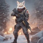 anthro assault_rifle black_nose female fur gun holding_object holding_weapon male ranged_weapon red_eyes rifle snow solo tactical_gear weapon white_body white_fur shadowai_(director) canid canine fox mammal