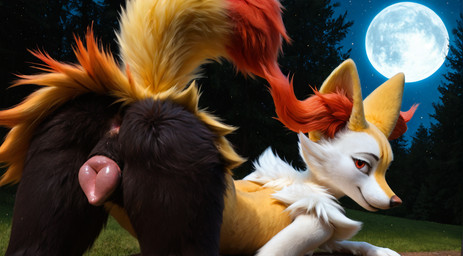 animal_genitalia animal_pussy anthro anus ass_up canine_genitalia canine_pussy female forest genitals lying moon on_front plant pussy raised_tail solo tree crimson_fenrir_(director) nintendo pokemon braixen generation_6_pokemon pokemon_(species)