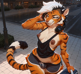anthro baggy_clothing bottomwear breasts clothing curvy_figure facial_piercing fur gym_bag gynomorph hair headphones intersex nipples nose_piercing nose_ring piercing public public_exposure ring_piercing shirt shorts small_breasts small_bulge smile solo tank_top topwear wide_hips doggyai felid mammal pantherine tiger hi_res