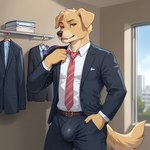 anthro athletic athletic_anthro athletic_male bulge clothing coat looking_at_viewer male necktie office_clothing red_necktie solo topwear director_homer_26 bird_dog canid canine canis domestic_dog golden_retriever hunting_dog mammal retriever hi_res