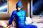 anthro avian beak bed bedroom bedroom_eyes bird blue_body blue_eyes blue_feathers falco_lombardi falcon falconid feathers furniture humanoid male narrowed_eyes nipples nude on_bed scuted_hands scutes seductive sergalbutt sitting sitting_on_bed solo space star_fox yellow_beak