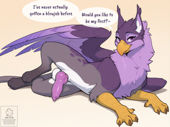 balls beak bedroom_eyes countershading dialogue erection feathers feral fur genitals happy knot looking_at_viewer lying male narrowed_eyes on_side one_leg_up paws penis presenting presenting_penis purple_body purple_eyes purple_feathers purple_fur purple_penis raised_leg seductive simple_background smile solo speech_bubble spread_wings text wings tailupsd avian gryphon mythological_avian english_text hi_res story story_in_description watermark