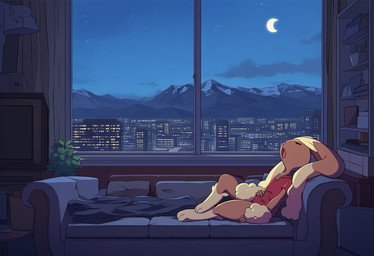 ambiguous_gender anthro apartment bodily_fluids book bookshelf bottomless brown_body brown_fur city city_background city_skyline cityscape clothed clothing cloud cloudy detailed_background drooling fur furniture inside lying moon mountain_range mountains night open_mouth plant saliva shirt sky skyline sleeping sofa solo television topwear window boxen549 nintendo pokemon generation_4_pokemon lagomorph leporid lopunny mammal pokemon_(species) rabbit novelai