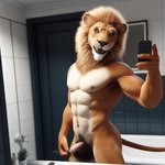 abs anthro balls bathroom bing_image_creator bmrwcl body_hair cellphone detailed detailed_background detailed_fur felid fur genitals hairy_balls half-erect humanoid_genitalia humanoid_penis lion male mammal mirror muscular muscular_anthro muscular_male nipples nude pantherine pecs penis phone photorealism photorealistic pubes selfie smile solo white_body white_fur yellow_body yellow_fur