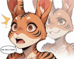 anthro black_stripes brown_eyes cute_fangs dialogue fur inner_ear_fluff male open_mouth orange_body orange_fur pink_inner_ear shocked smile smirk solo speech_bubble striped_body striped_fur stripes tuft zoom_layer cartuniverse cart_(cartuniverse) felid hybrid lagomorph mammal pantherine tiger