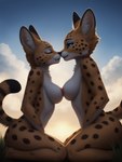 anthro blue_eyes breasts director_myrlonel duo eyes_closed felid feline female female/female fur hi_res kneeling mammal medium_breasts nipples outside serval smile spots spotted_body yellow_body yellow_fur