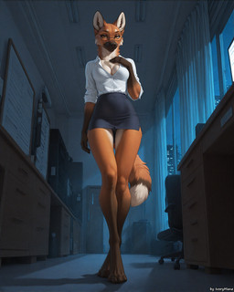 anthro bottomwear breasts cleavage clothed clothing eyewear female fur glasses hand_on_breast long_legs looking_at_viewer night office office_clothing orange_body orange_fur panties shirt skinny skirt slim solo tall thigh_gap topwear tuft underwear ivorymane canid canine mammal maned_wolf full-length_portrait hi_res portrait watermark