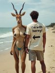 amber_eyes anthro beach belly black_nipples blue_sky blurred_background bottomwear bovid_horn breasts brown_body brown_fur camel_toe clock clothed clothed_male clothing directional_arrow duo facial_markings female front_view fur hair happy head_markings horn inner_ear_fluff looking_at_viewer looking_away male male/female markings medium_breasts multicolored_body navel nipples open_mouth outside photorealism realistic rear_view sea seaside shirt shorts sky symbol text text_on_clothing text_on_topwear thong tongue topless topless_female topwear tuft underwear watch water wet wet_body white_belly white_clothing silvicultor antelope bovid gazelle human mammal english_text hi_res