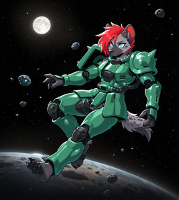 anthro armor blue_eyes female fur green_armor grey_body grey_fur hair mobile_suit_gundam moon red_hair solo space star icefoxai trrith_(character) zaku_ii hyaenid mammal absurd_res hi_res