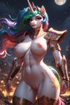 anthro armor big_breasts breasts female genitals hair horn looking_at_viewer multicolored_hair night nipples nude purple_eyes pussy rainbow_hair solo white_body director_elkkue princess_celestia_(mlp) equid equine horse mammal my_little_pony pony hi_res