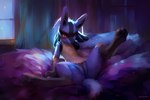 anthro bed bedroom canid canine chest_tuft female fluffy fur furniture generation_4_pokemon genitals happy img2img looking_at_viewer lucario mammal night nude pawpads pokemon pokemon_(species) pussy red_eyes seductive solo spread_legs spreading tuft window