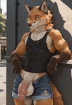 alley anthro athletic athletic_male balls big_penis bottomwear chest_tuft city city_background clothing cutoffs day denim denim_clothing flaccid foreskin fur genitals green_eyes humanoid_genitalia humanoid_penis leaning leaning_back leaning_on_wall light looking_at_viewer male multicolored_body neck_tuft nipple_slip orange_body orange_fur outside penis penis_through_fly poking_out presenting presenting_penis pubes public shirt shorts solo standing sunlight tank_top topwear tuft two_tone_body white_body ratori canid canine fox mammal hi_res