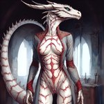 anthro blue_eyes breasts carnelia clothing dragonborn_(disambiguation) exposed_breasts eyeshadow female genitals hi_res horn makeup non-mammal_breasts presenting pussy red_body red_skin robe scales scalie solo ulfyn white_body white_scales