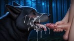 ambiguous_gender balls bestiality black_body black_fur black_nose blush bodily_fluids cum cum_in_mouth cum_inside cum_on_face cum_on_tongue duo ejaculation eyes_closed feral forest fur genital_fluids genitals happy humanoid_genitalia humanoid_penis interspecies male male/ambiguous masturbation night nude open_mouth penis plant side_view tongue tongue_out tree whiskers feralglazer canid canine canis human mammal wolf hi_res