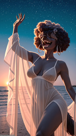 anthro beach breast_squish breasts cleavage clothed clothing covered_eyes curvaceous curvy_figure dress ear_piercing ear_ring erect_nipples fat_rolls female fur grey_body grey_fur hair hair_over_eyes head_turned laughing looking_away nipple_outline nipples nose obscured_eyes open_mouth photorealism piercing ring_piercing sagging_breasts sand sea seaside side_boob smile solo squish sunset tail teeth tongue voluptuous water sherlock_hound_(director) helluva_boss gigi_(helluva_boss) canid canid_demon canine canis demon domestic_dog hellhound mammal absurd_res detailed hi_res shaded soft_shading