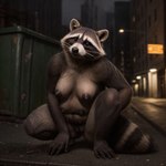 absurd_res alley anthro areola breasts crouching female genitals hi_res mammal multi_nipple multiple_breasts nipples nude procyonid pussy raccoon sidewalk solo splice spread_legs spreading street street_lamp