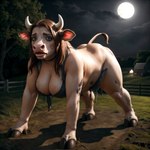 all_fours anthro bovid bovine breasts cattle cleavage clothed clothing female full_moon girlswithsnouts hi_res hooved_hands hooves mammal moon night scared solo torn_clothing transformation