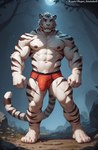 anthro bulge claws clothed clothing finger_claws fingers forest fur genital_outline genitals male moon muscular muscular_anthro muscular_arms muscular_legs muscular_male muscular_thighs night nipples penis penis_outline plant solo stripes tree underwear underwear_only white_body white_fur mugen_kuuhakuai felid mammal pantherine tiger hi_res