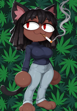 3_toes anthro big_breasts black_hair breasts dark_body dark_skin drugs feet female hair hips marijuana negro-arc pupils red_eyes schuggernaut short_stack slit_pupils solo toes hi_res